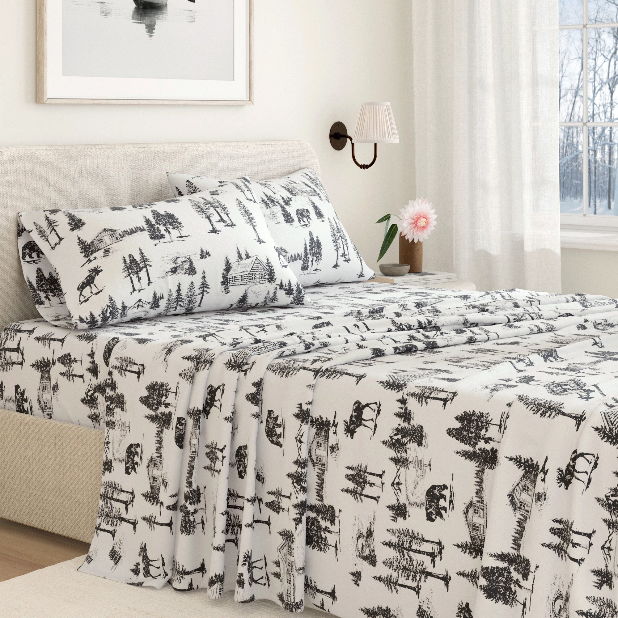 Bedding set with nature-themed design in a bedroom setting