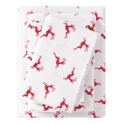 White fabric with red deer pattern on a white background