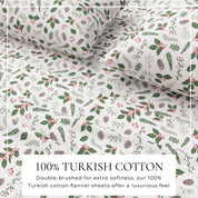 Floral patterned fabric with text about 100% Turkish cotton