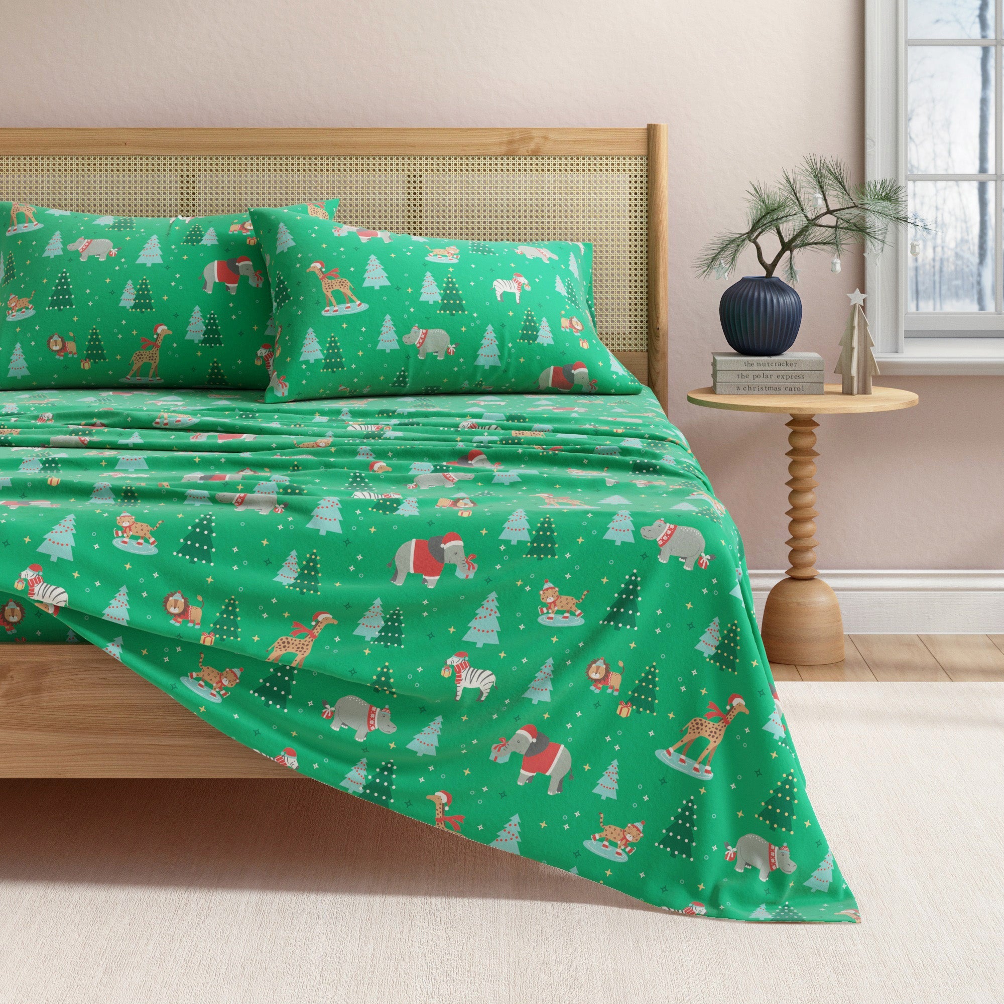 Green patterned bedspread on a bed with matching pillows in a bedroom setting.