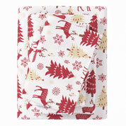 Flannel fabric with red and beige deer, trees, and snowflakes on a white background