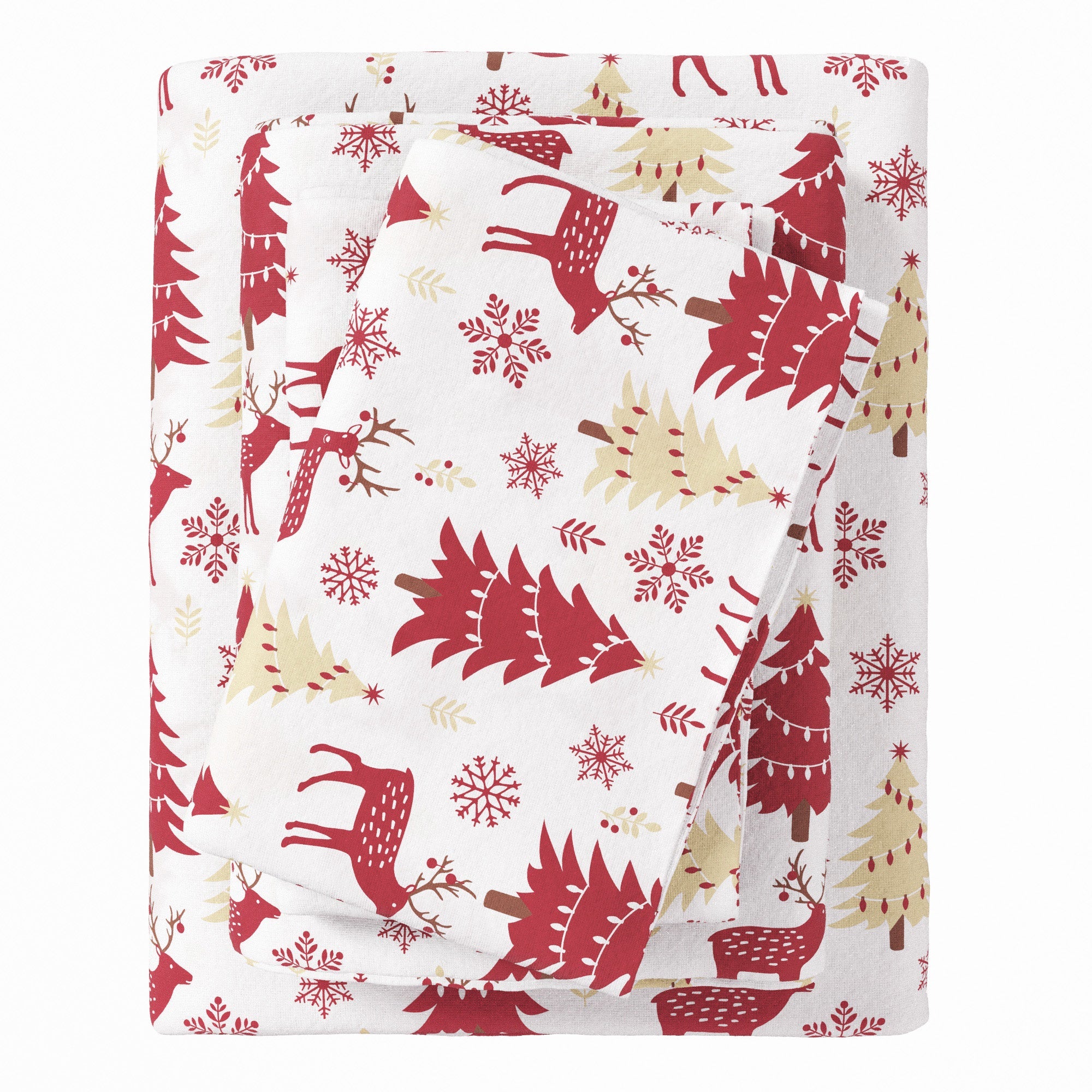 Flannel fabric with red and beige deer, trees, and snowflakes on a white background