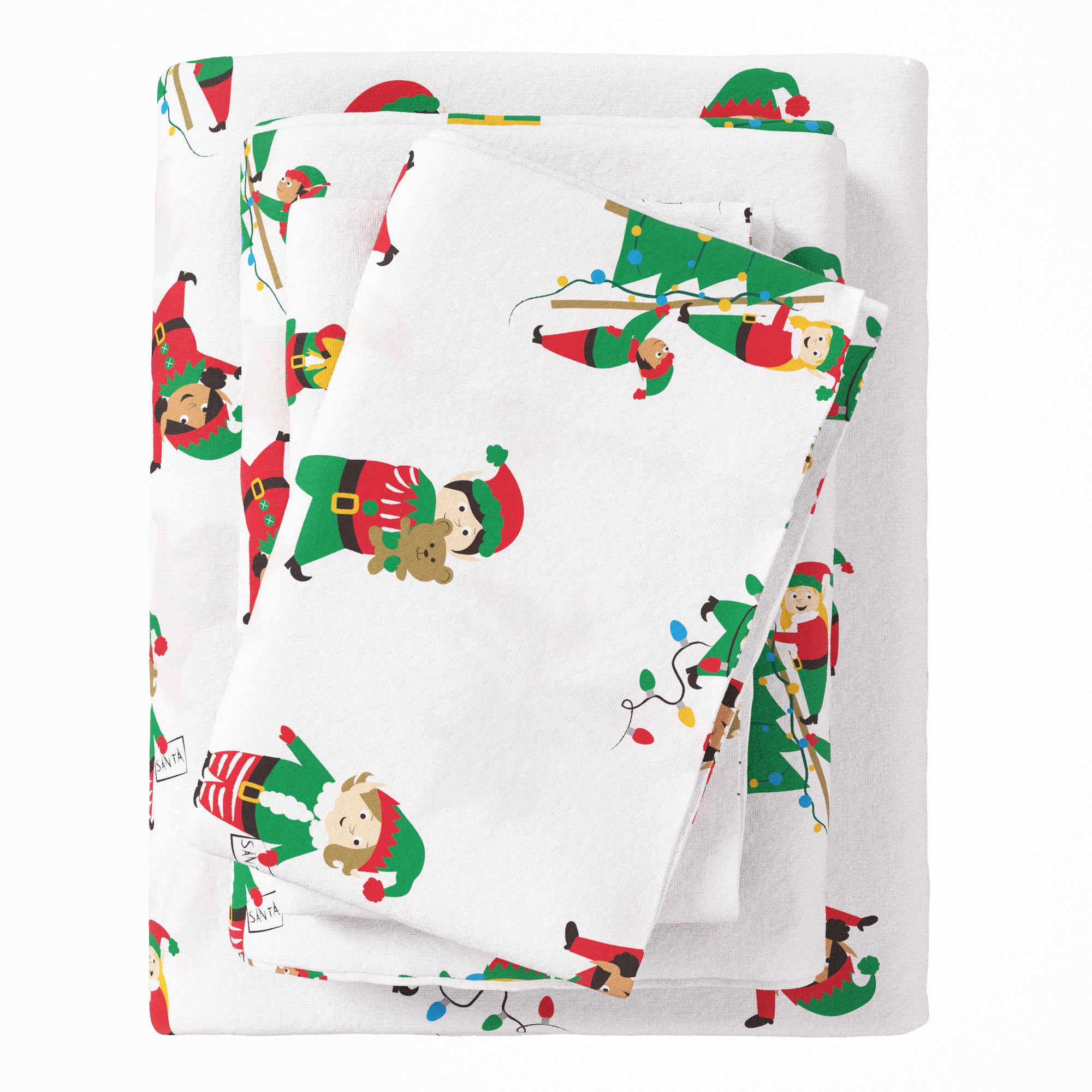 White blanket with Christmas elf pattern on a white background