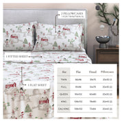 Christmas-themed bed sheet set with pillowcases on a bed, featuring snowmen and trees.