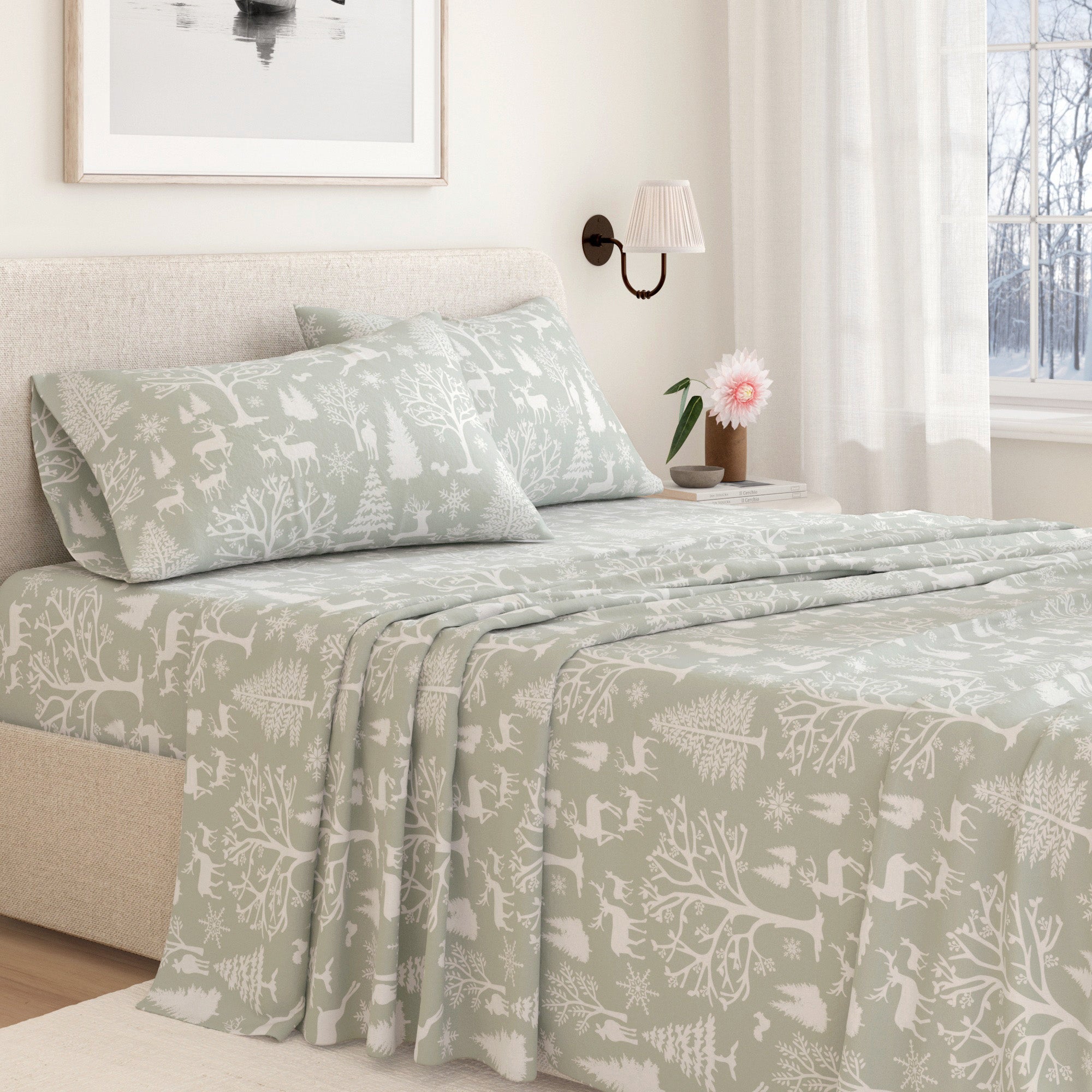 Bed with green patterned bedding in a bedroom setting