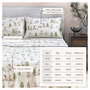 Bedding set with cartoon design on a bed, including pillowcases and sheets, with a chart showing size measurements.