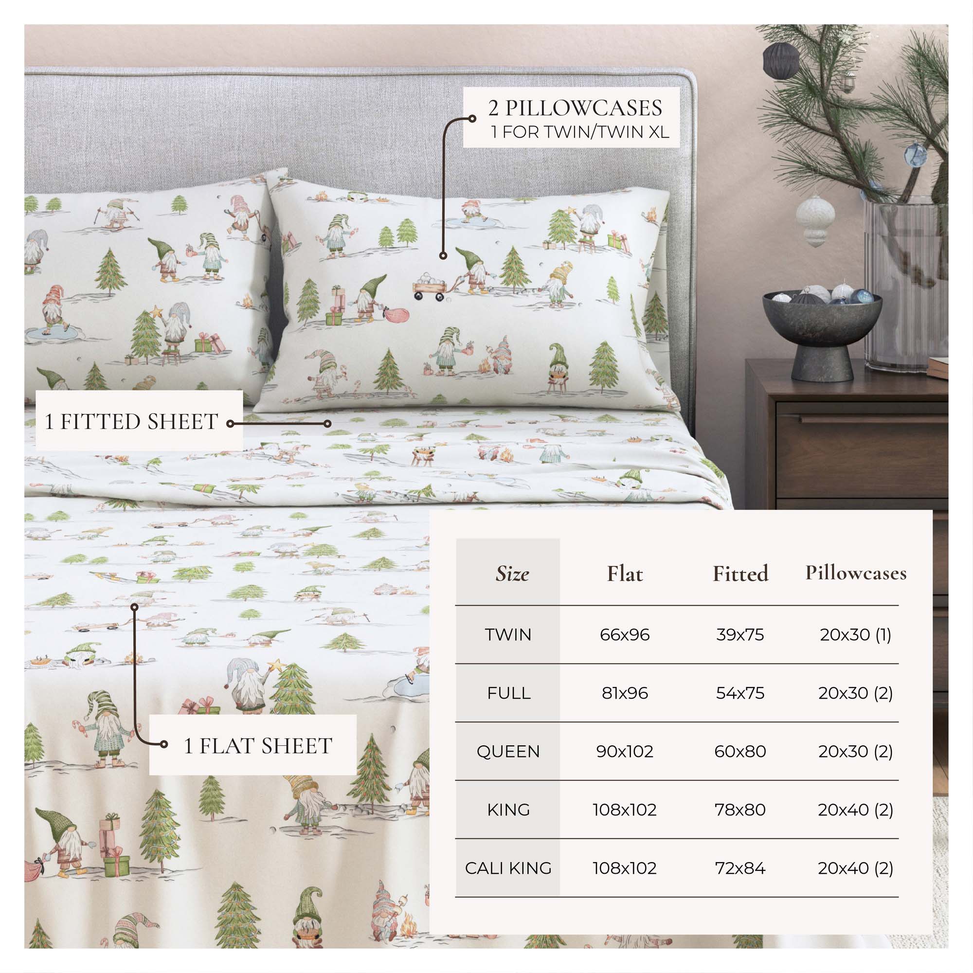 Bedding set with cartoon design on a bed, including pillowcases and sheets, with a chart showing size measurements.