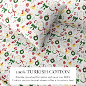 Christmas-themed fabric with patterns of wreaths, bows, and presents on a white background.
