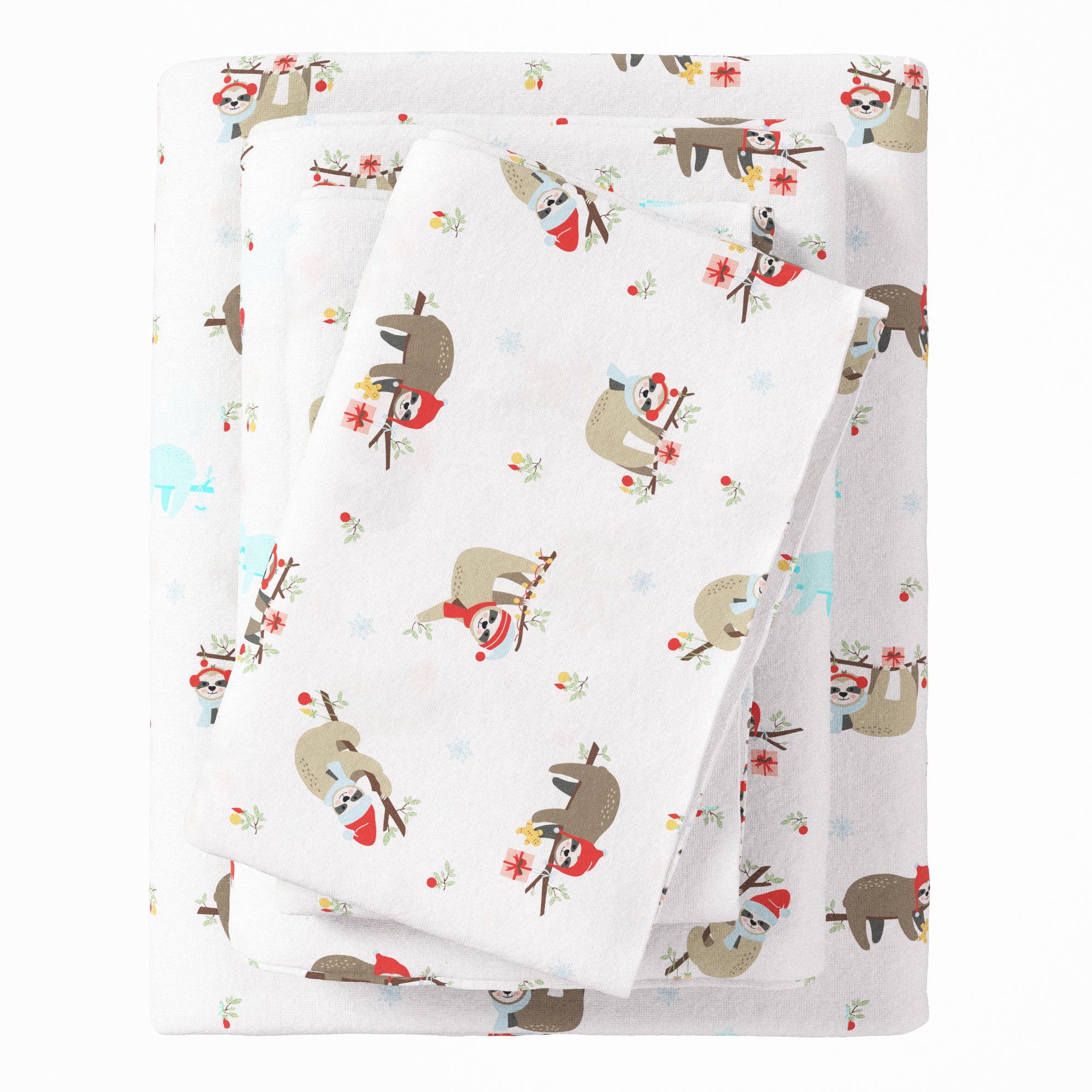 Flannel fabric with sloth pattern on a white background
