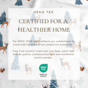 Oeko-Tex certification label with Christmas-themed background featuring trees and deer.