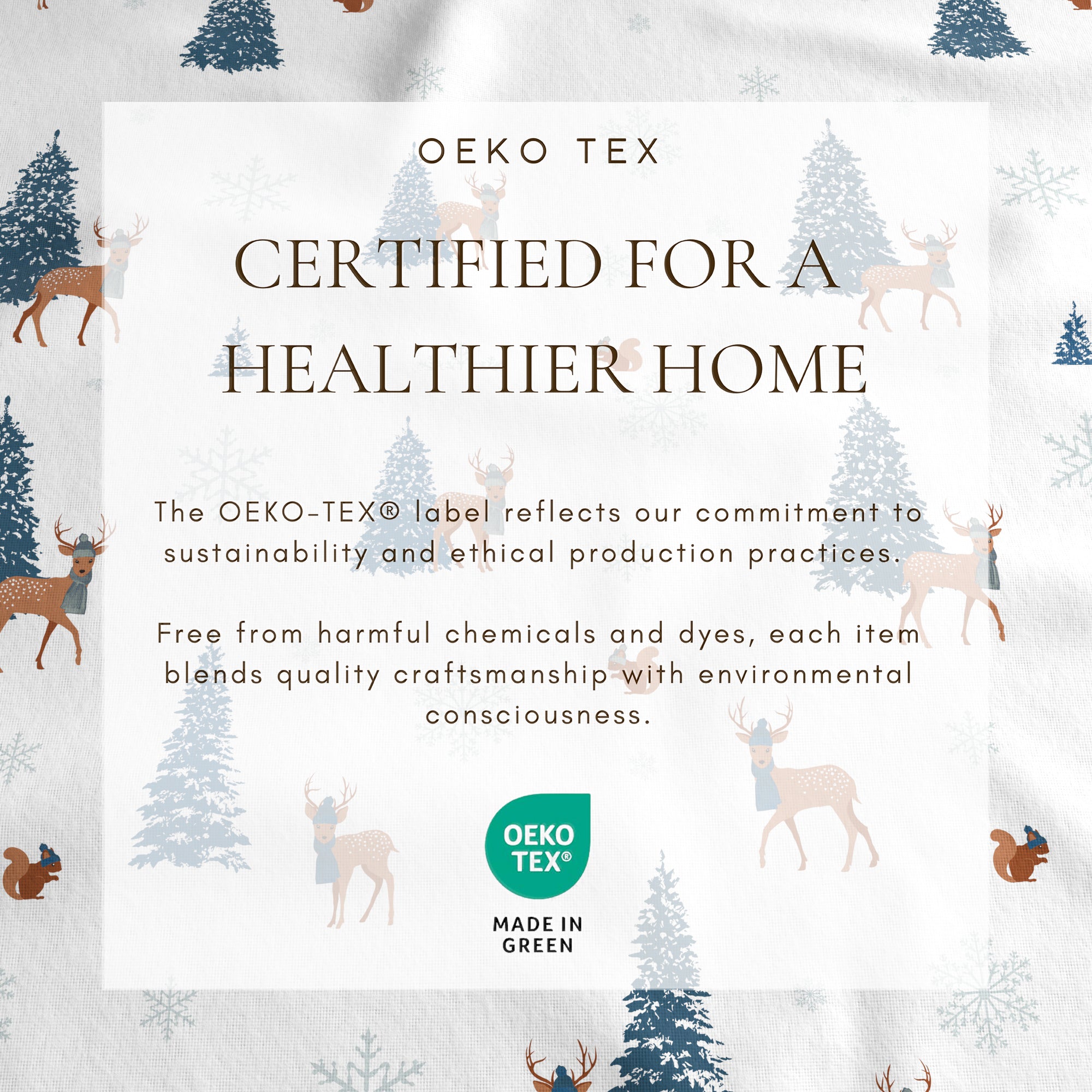 Oeko-Tex certification label with Christmas-themed background featuring trees and deer.