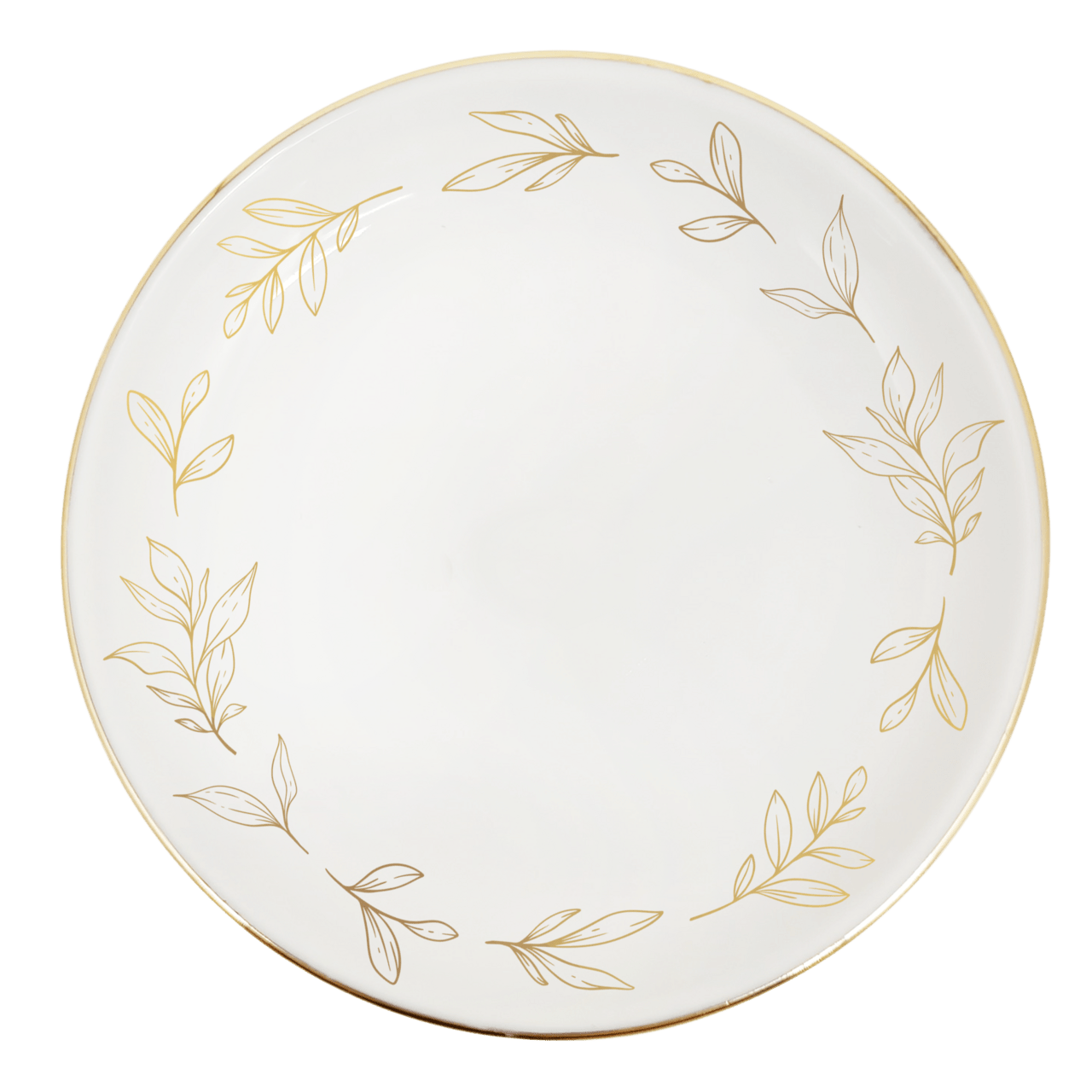 White plate with gold leaf patterns on a transparent background