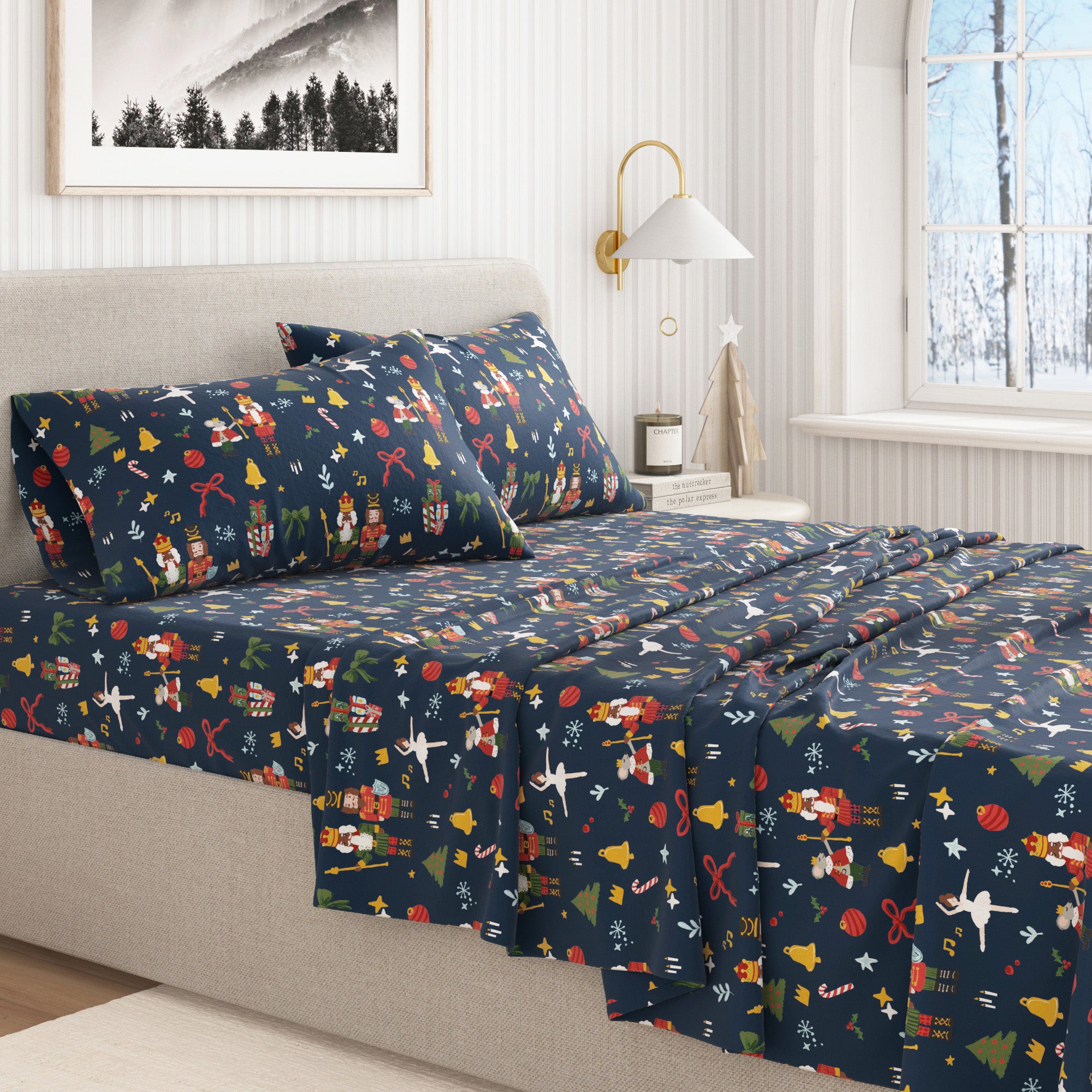 Bed with colorful patterned sheets in a bedroom setting