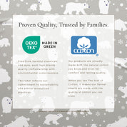 Flannel sheets with Oeko-Tex and Cotton logos and text on a gray background with polar bear and snowflake pattern.