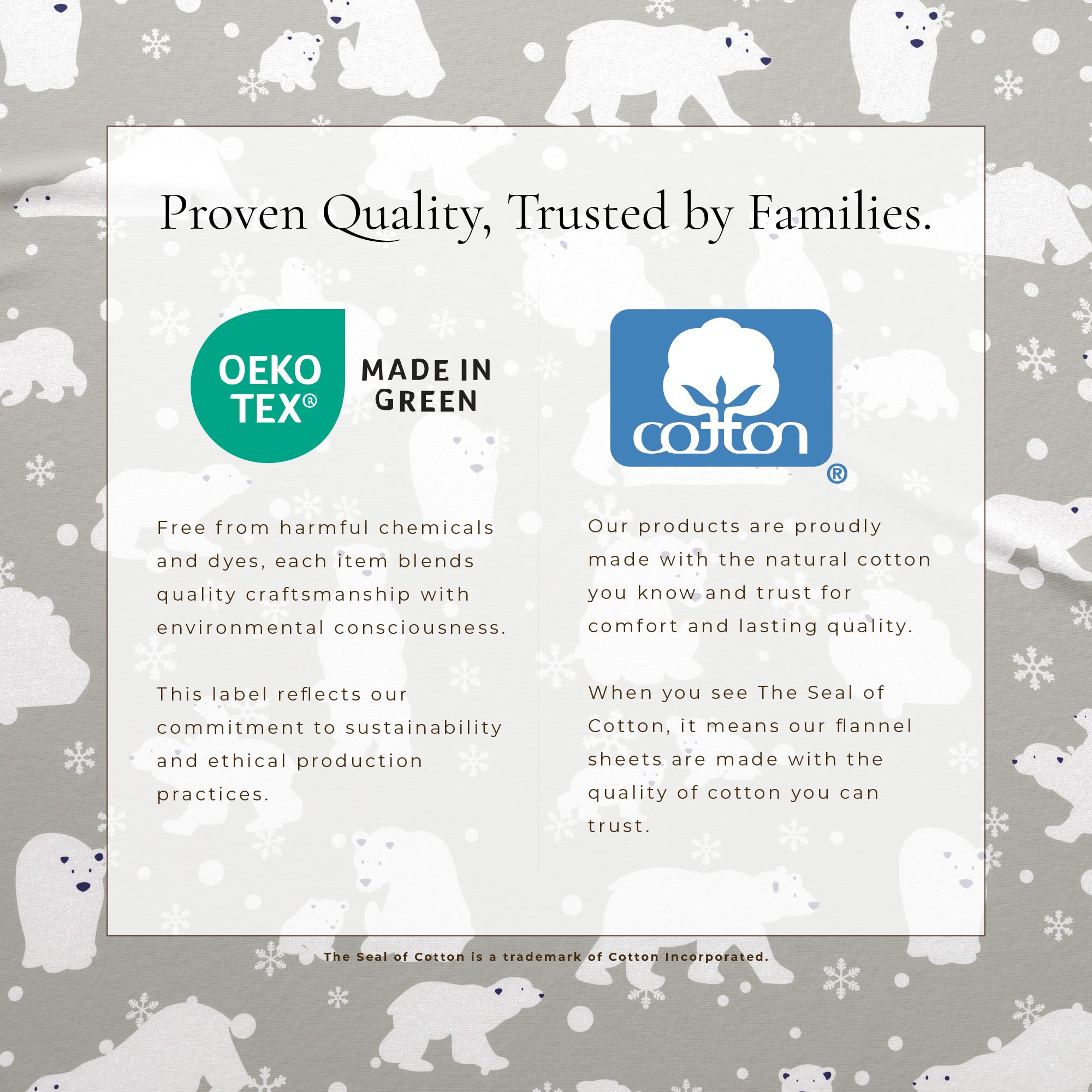 Flannel sheets with Oeko-Tex and Cotton logos and text on a gray background with polar bear and snowflake pattern.