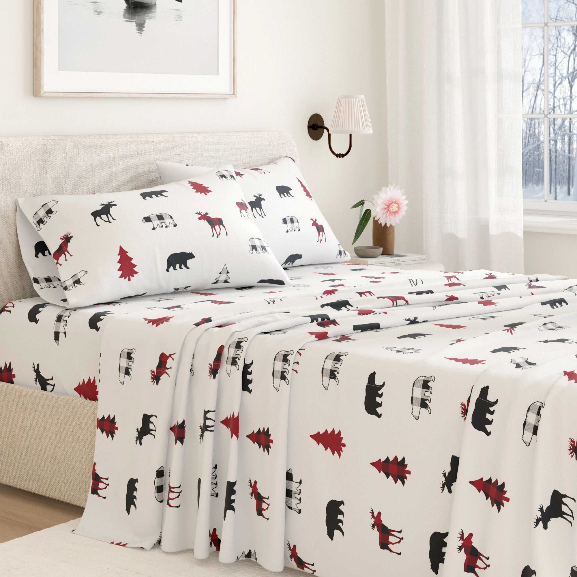 Bedding set with animal pattern on a bed in a bedroom setting