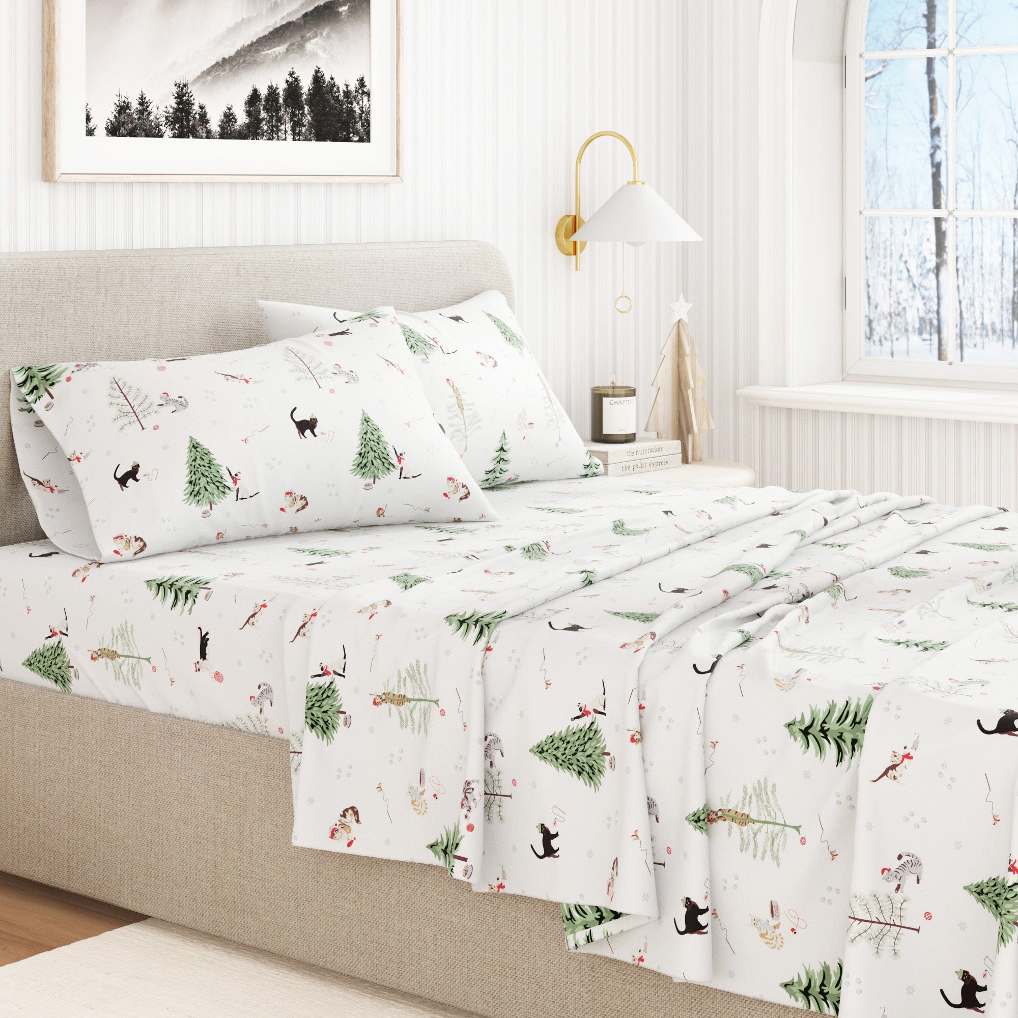 Bed with white sheet set featuring nature-themed design in a bedroom.