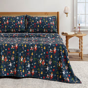 Bedspread with festive pattern on a bed in a bedroom setting