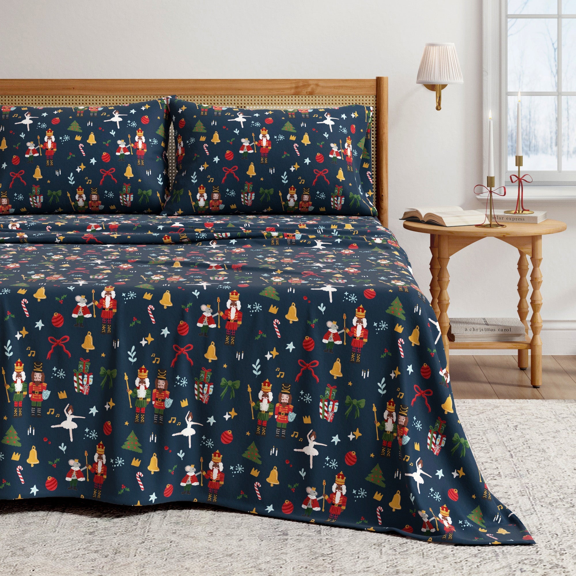 Bedspread with festive pattern on a bed in a bedroom setting