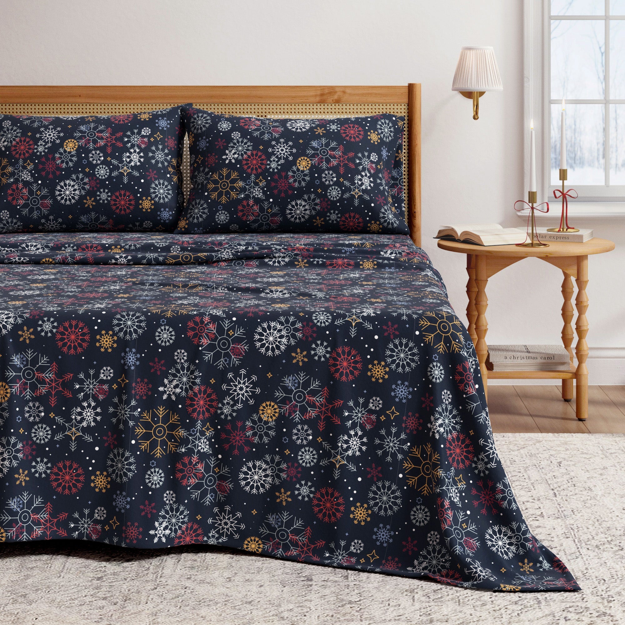 Bed with floral-patterned bedding in a bedroom setting