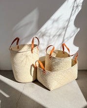 Rectangular Woven Palm Baskets with Leather Handles