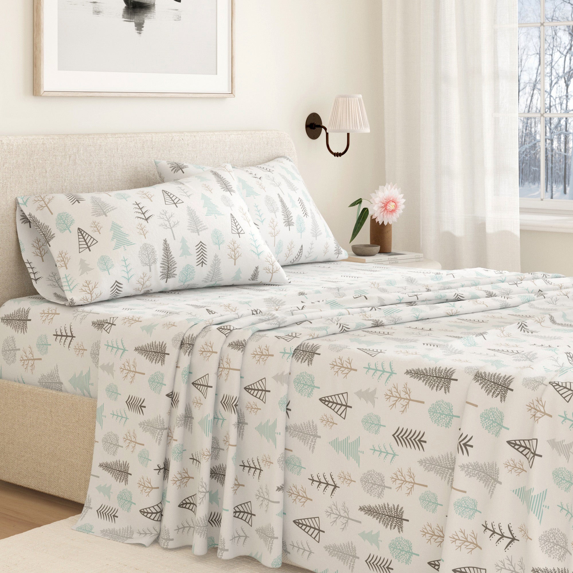 Bed with patterned bedding in a bedroom setting
