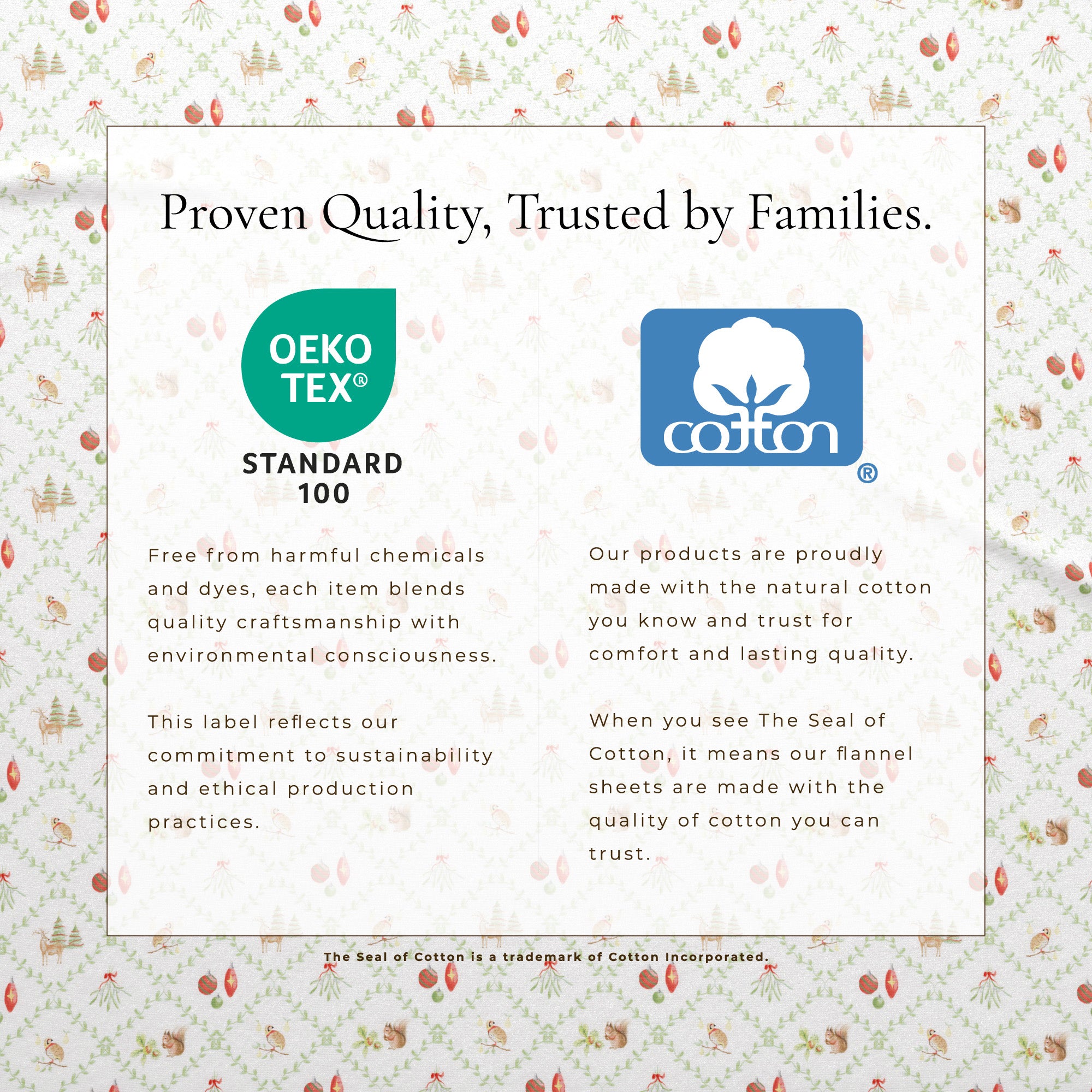 Advertisement for Cotton Incorporated with OEKO-TEX Standard 100 certification on a patterned background.