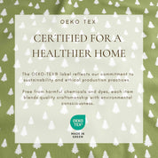 Oeko-Tex certification label on a green background with tree pattern