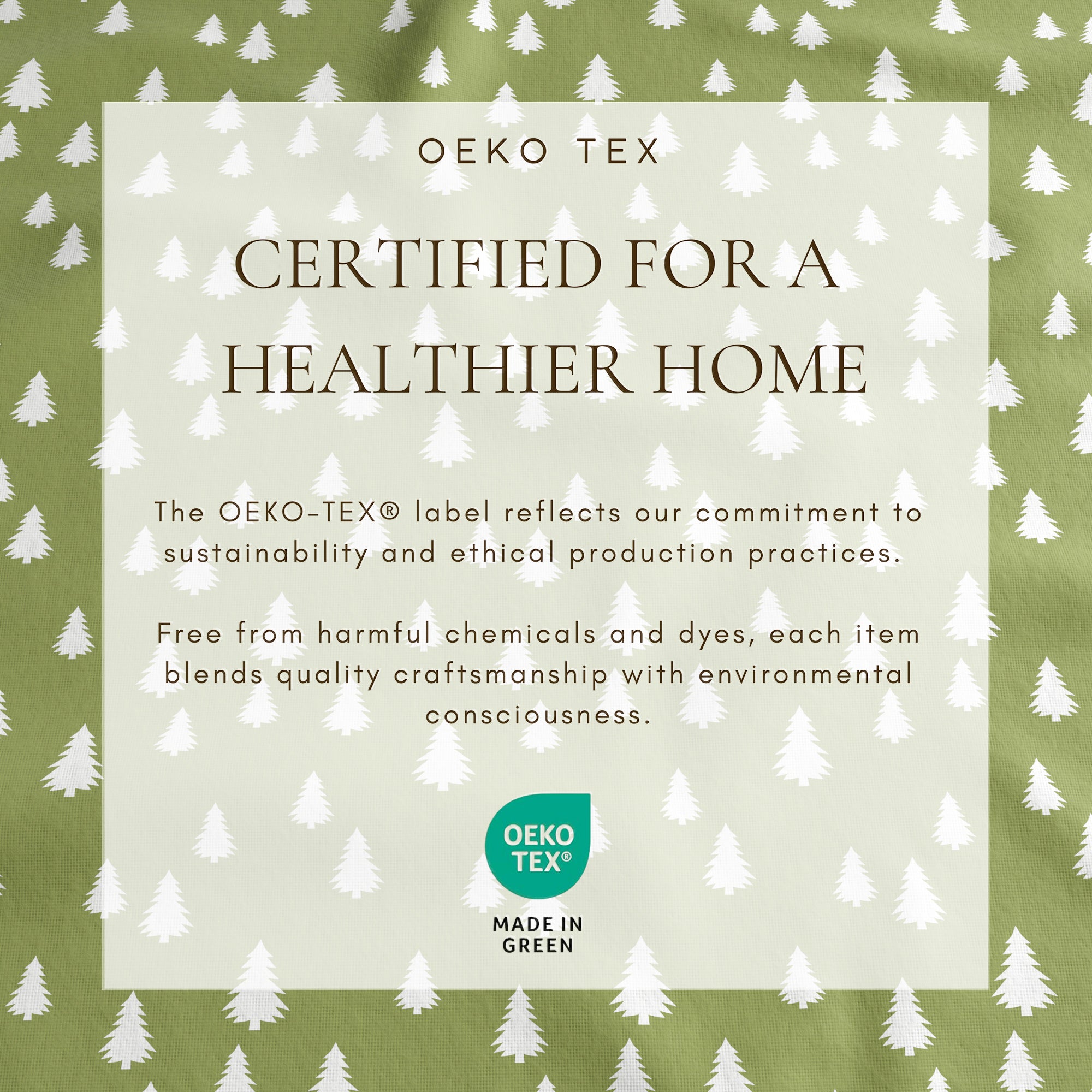 Oeko-Tex certification label on a green background with tree pattern
