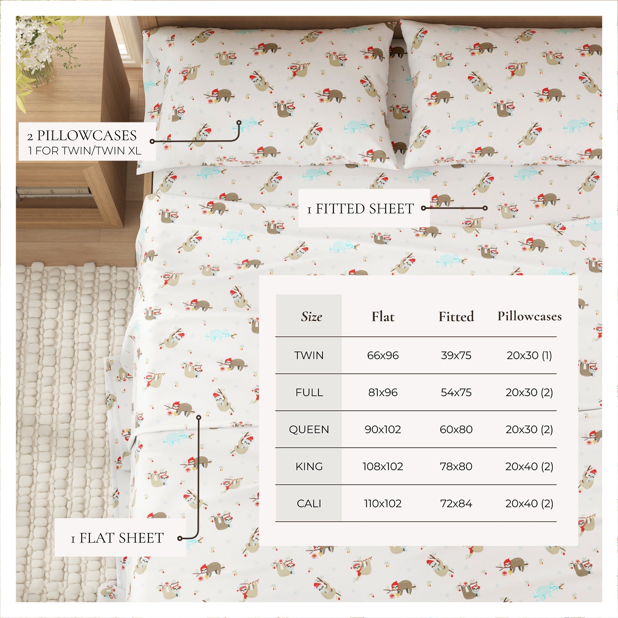 Bedding set with pillowcases, fitted sheet, and flat sheet featuring animal patterns on a wooden bed frame.
