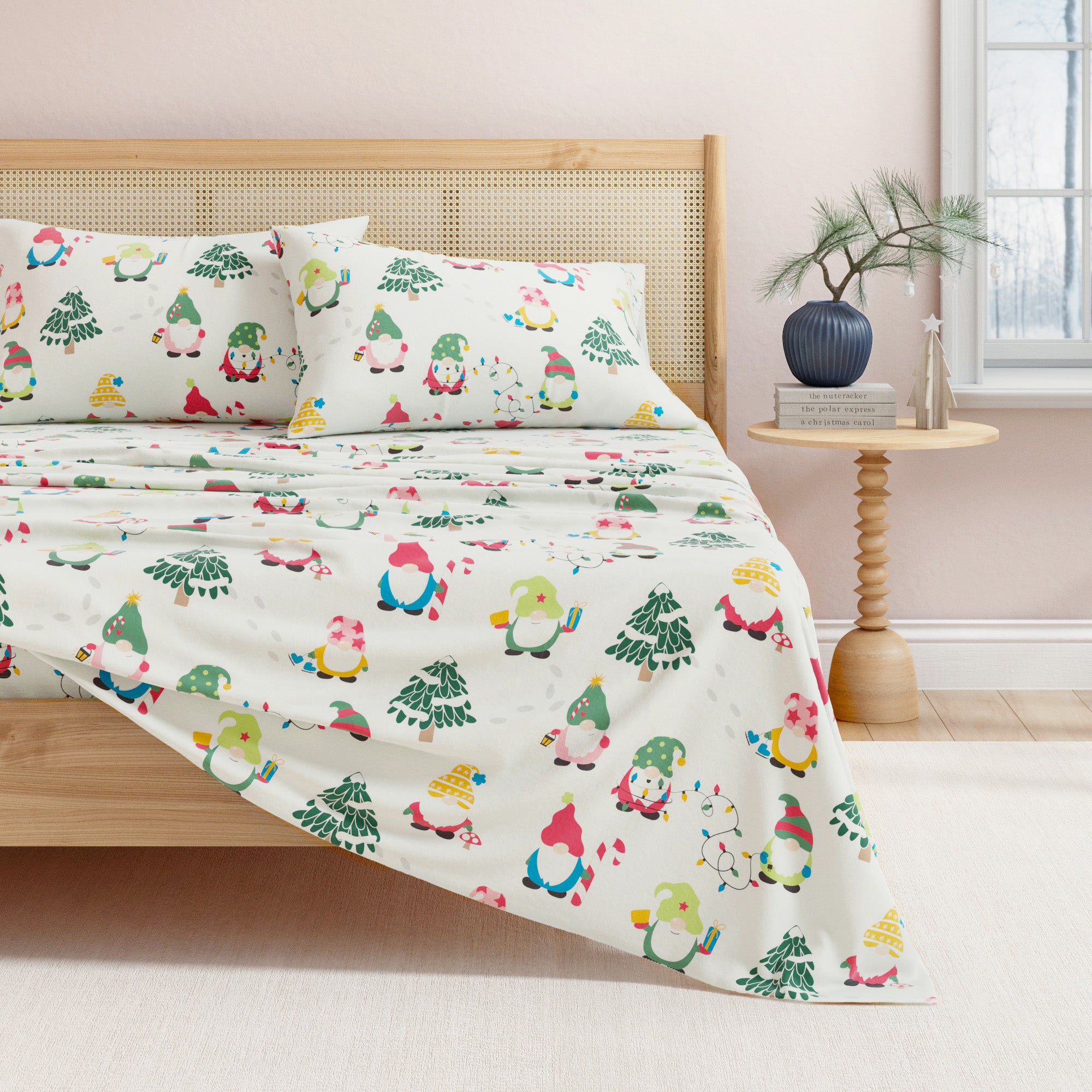 Bed with colorful elf-themed bedding in a bedroom setting