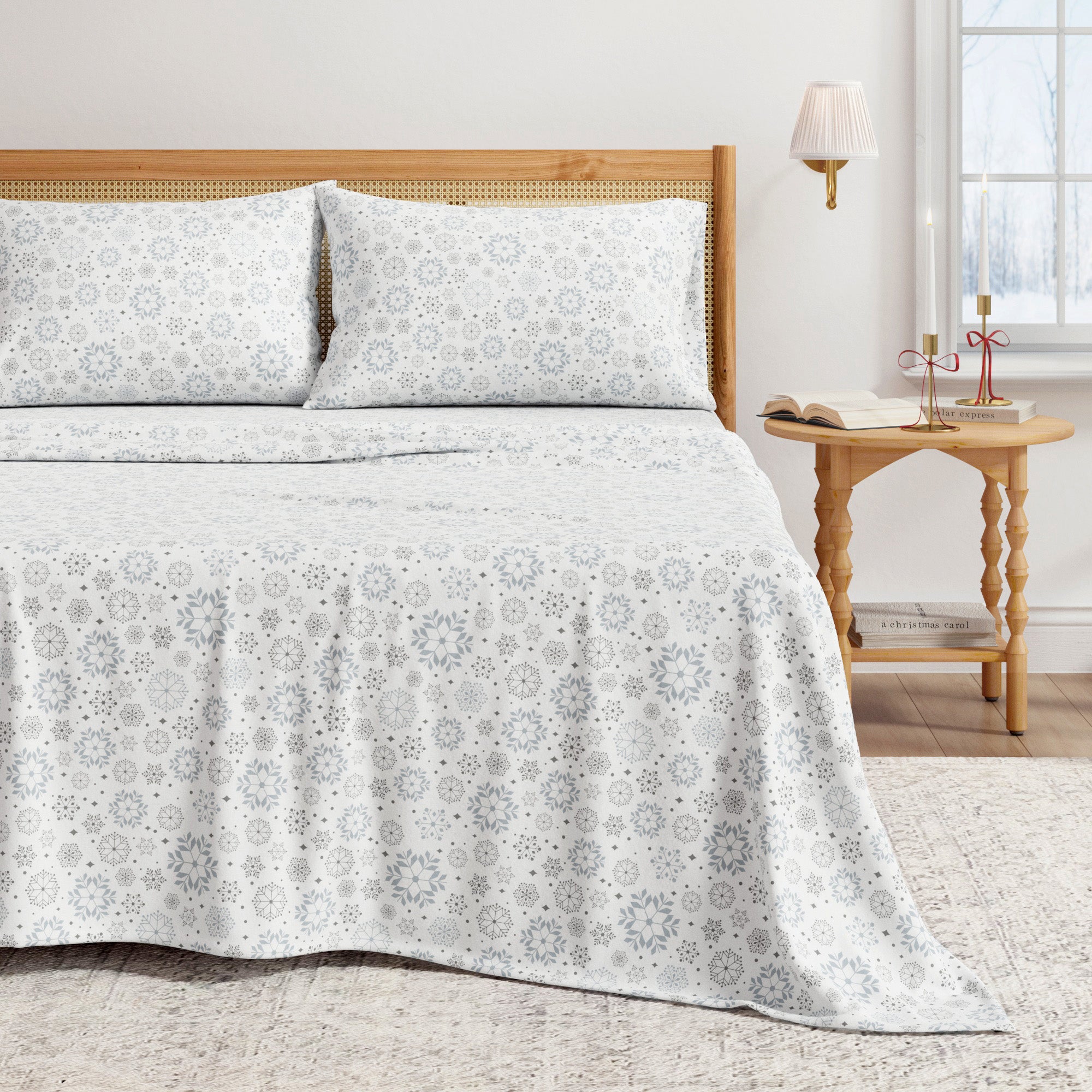 Bed with floral-patterned bedding in a bedroom setting