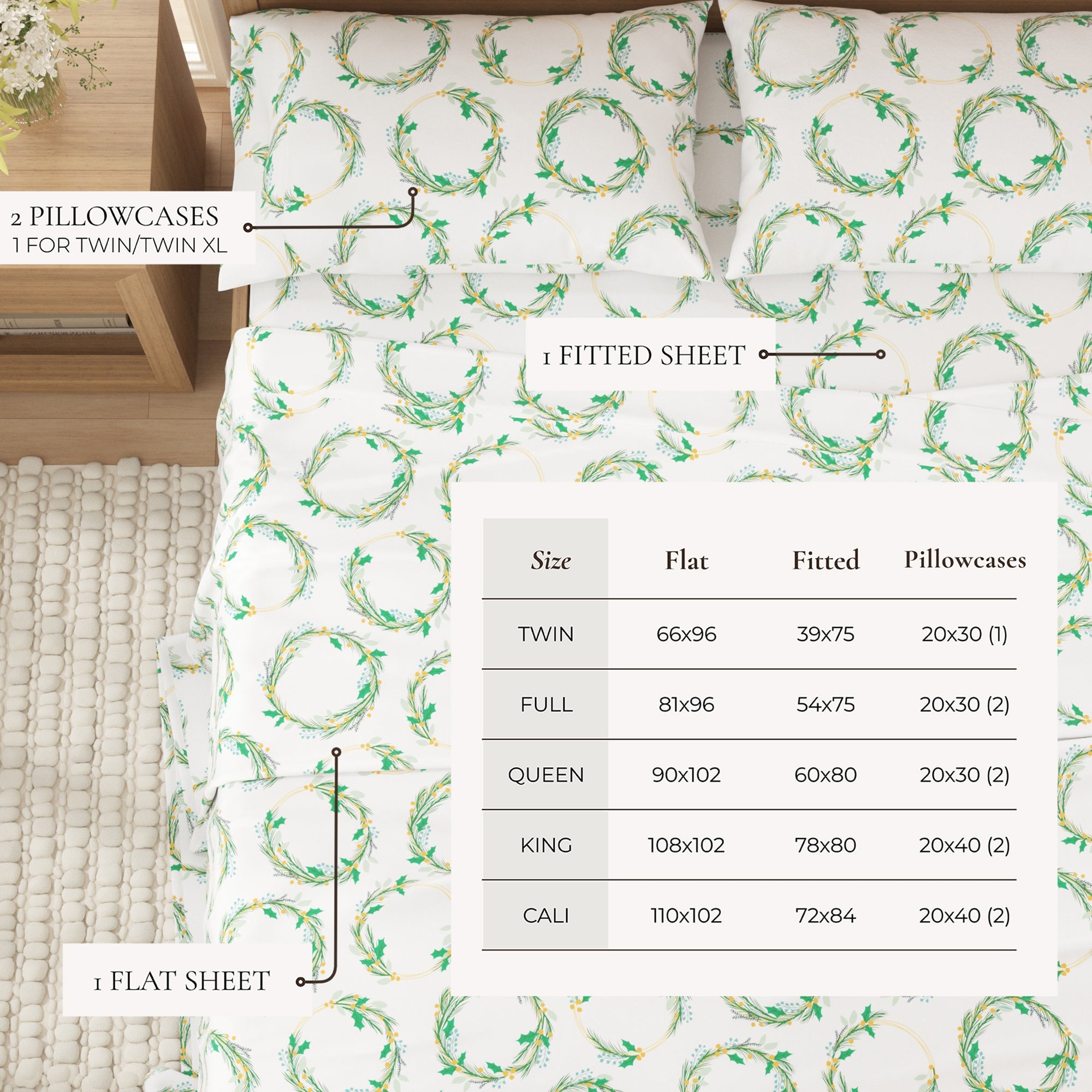 Bedding set with green wreath pattern on a white background, including flat sheet, fitted sheet, and pillowcases.