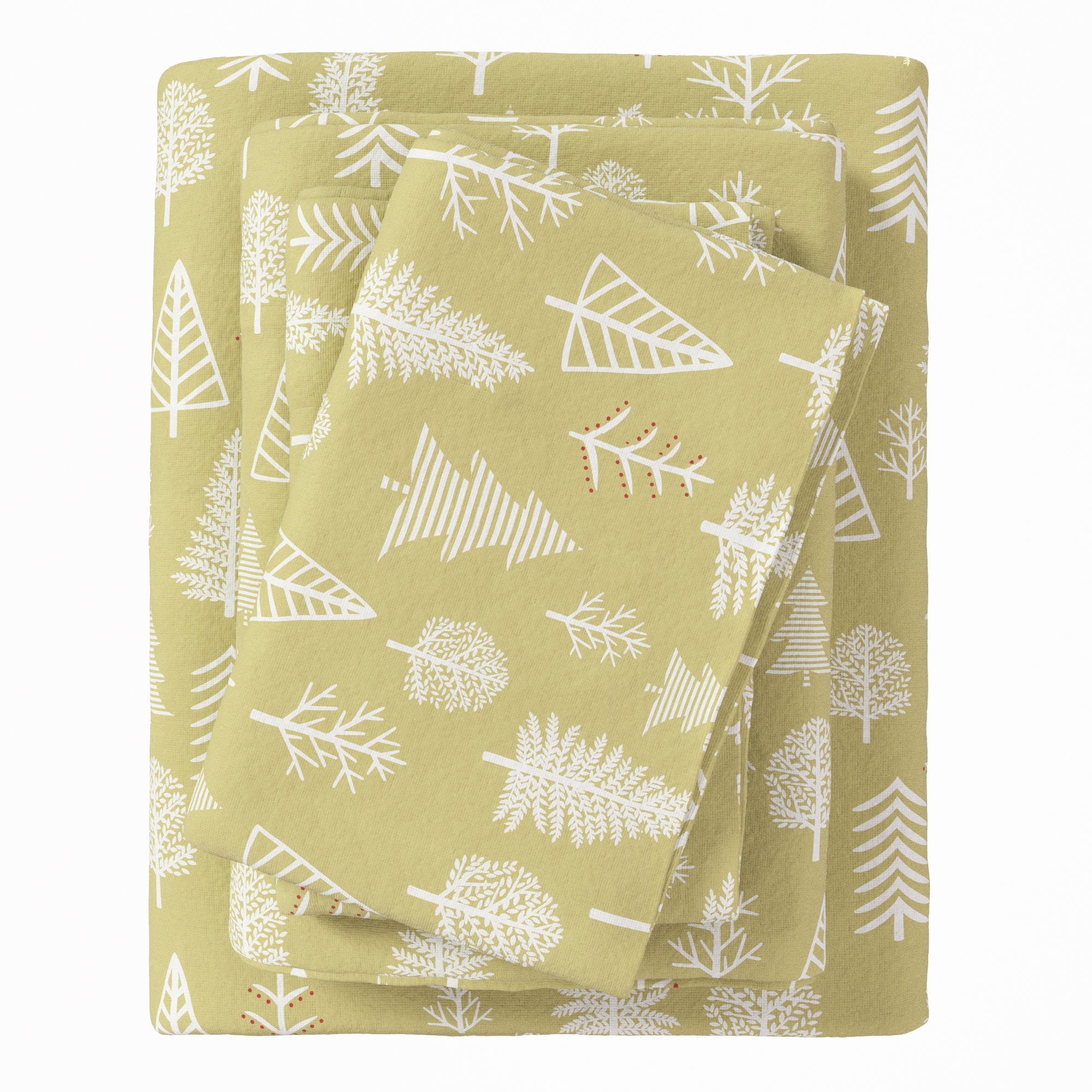 Folded green fabric with white leaf pattern on a white background