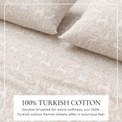 100% Turkish cotton flannel sheets with a subtle pattern on a plain background.