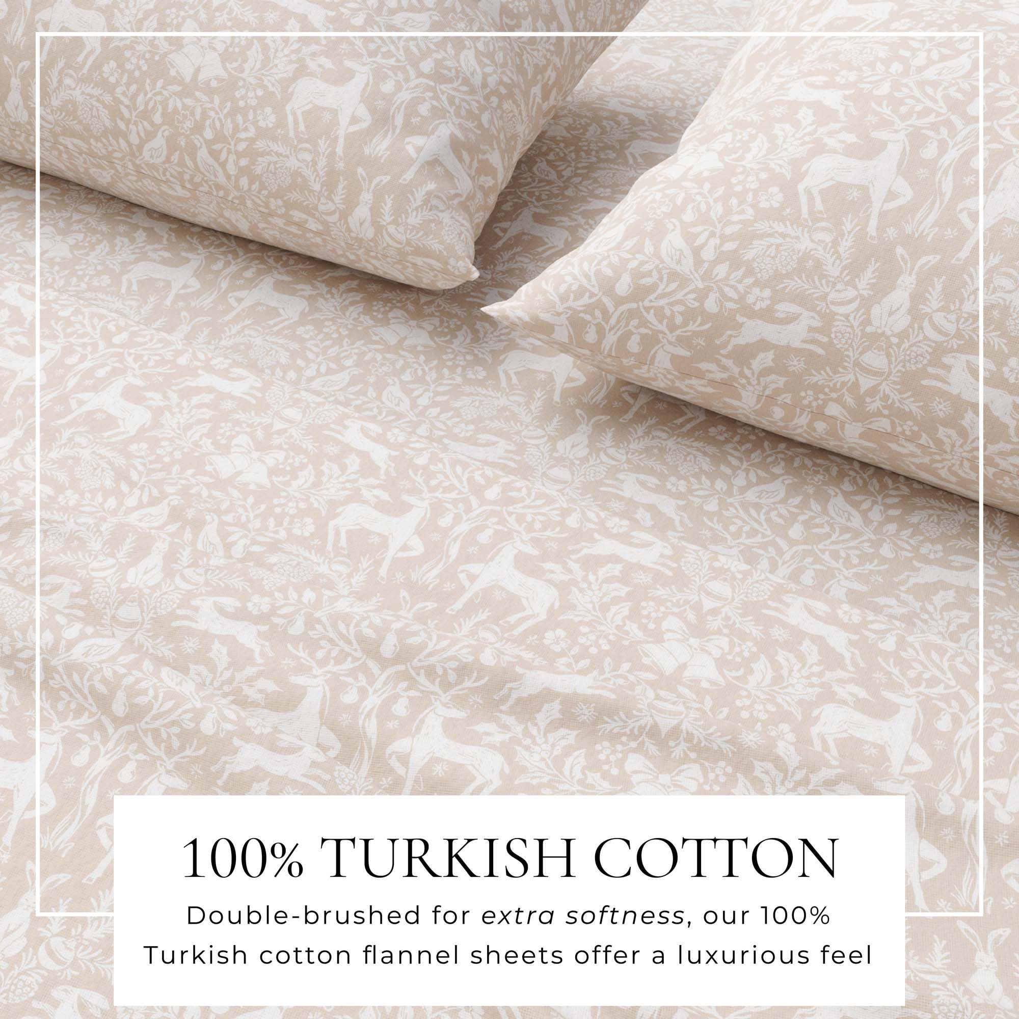 100% Turkish cotton flannel sheets with a subtle pattern on a plain background.