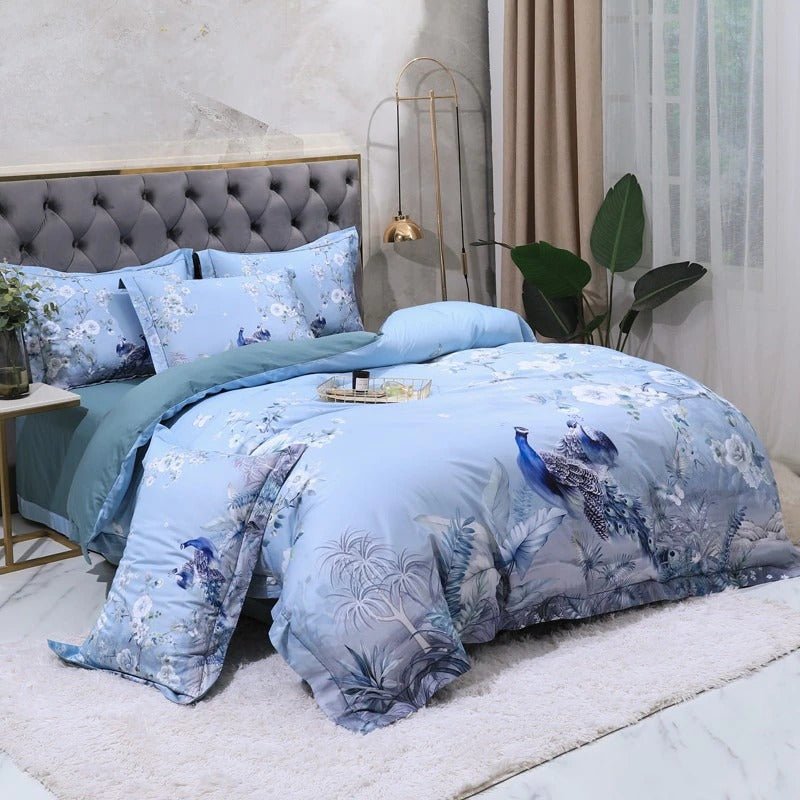 Blue Chinoiserie Bedding Set on a bed - angle view