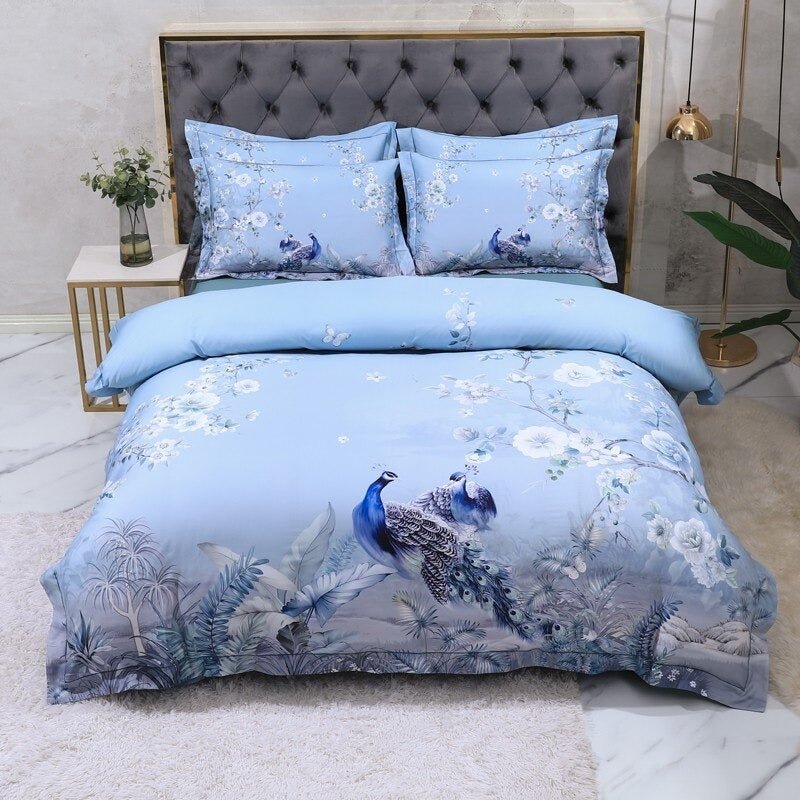 Blue Chinoiserie Bedding Set on a bed - front view