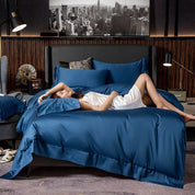 Girl laying on Imperial Blue Bedding Set