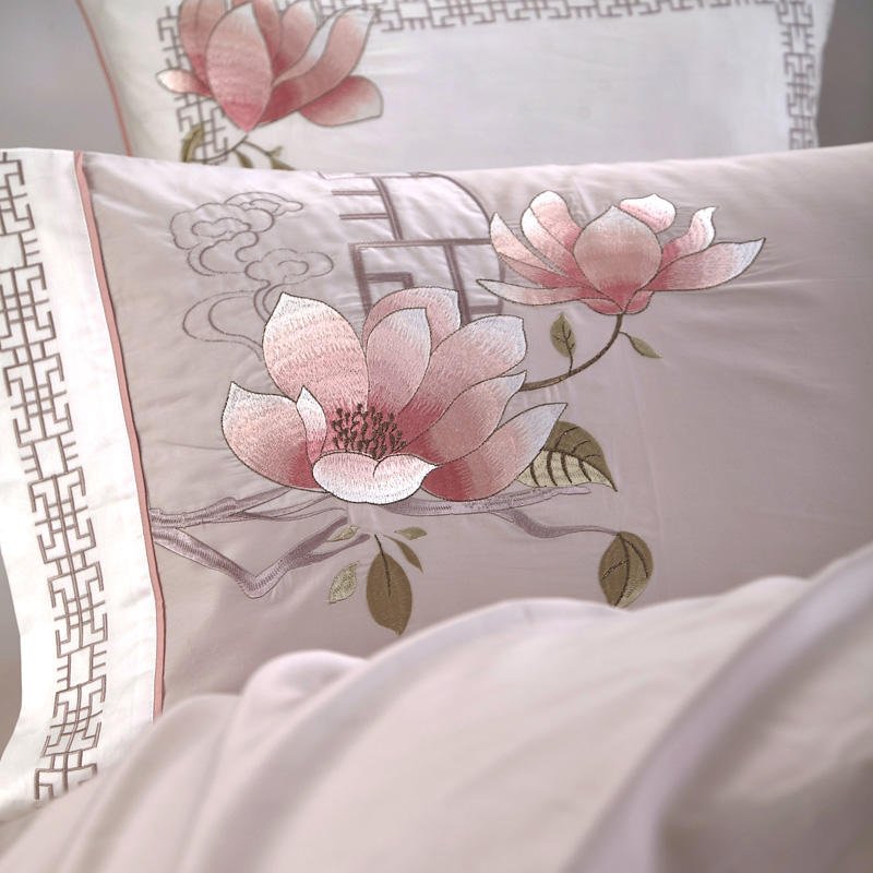 Close up of embroidery and design of pillowcases - Cherry Blossoms Bedding Set