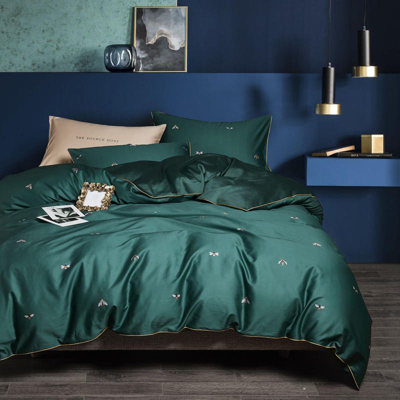Emerald Bee Bedding Set on a bed
