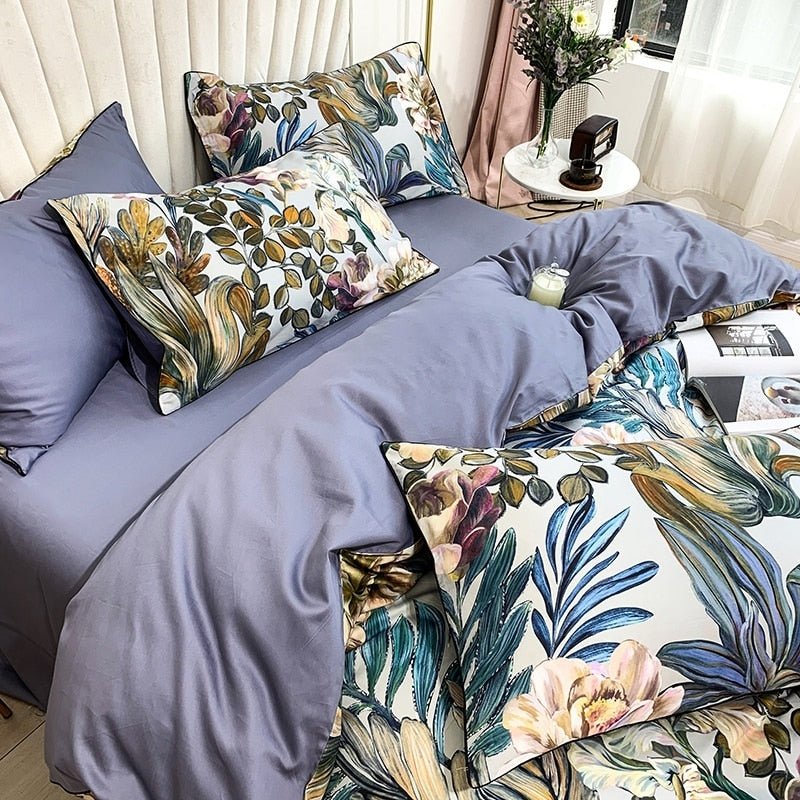 Turned down Botanical Bliss Bedding Set on a bed