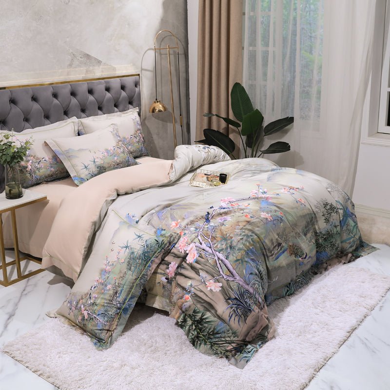 Foggy Mountains Bedding Set on a bed