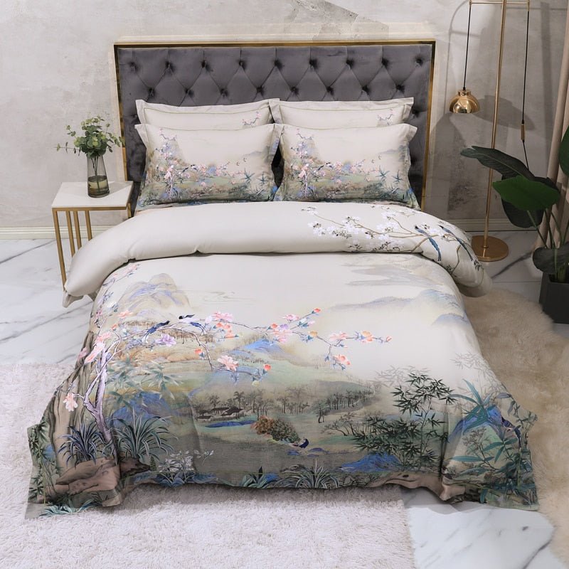 Foggy Mountains Bedding Set on a bed - front view