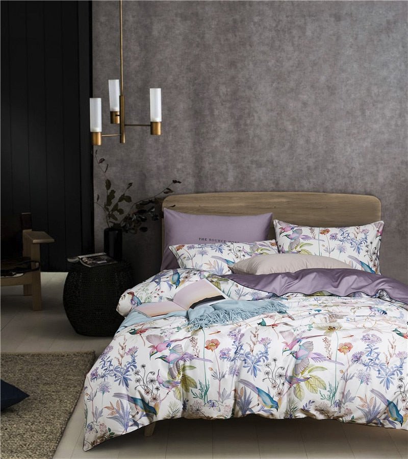 Hummingbird Serenity Bedding Set on a bed - front view