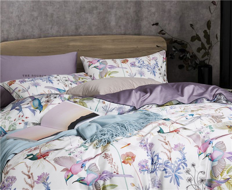 Hummingbird Serenity Bedding Set on a bed - close view