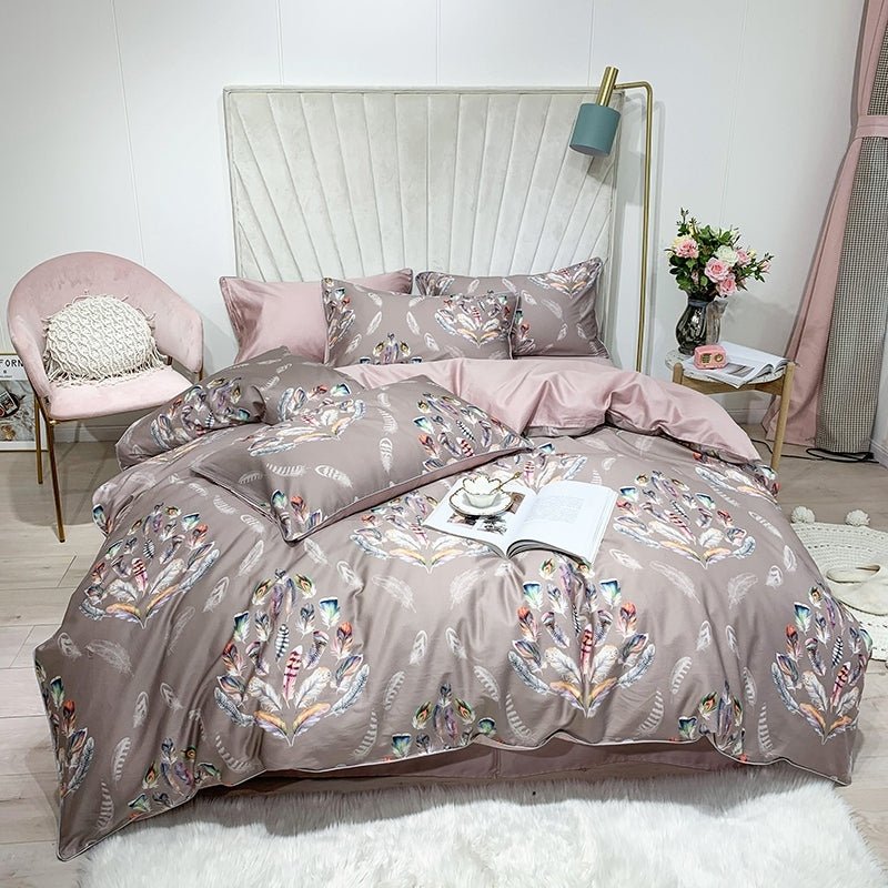 Rosy Feather Bedding Set on a bed - front view