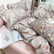 Rosy Feather Bedding Set on a bed - close view