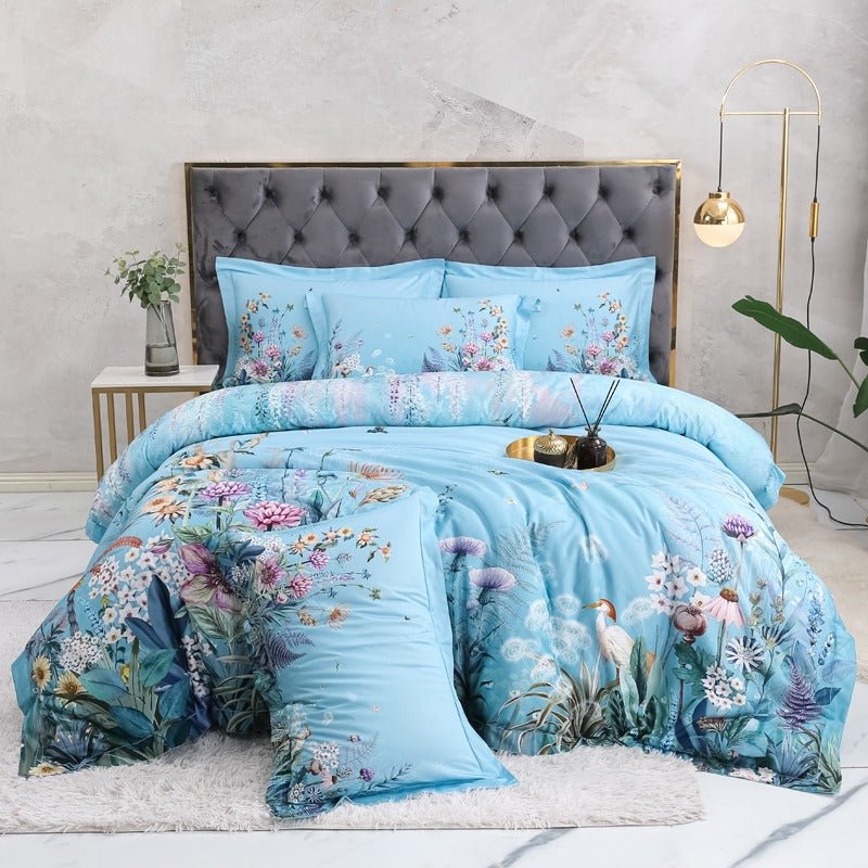 Sky Blue Garden Bedding Set on a bed - front view