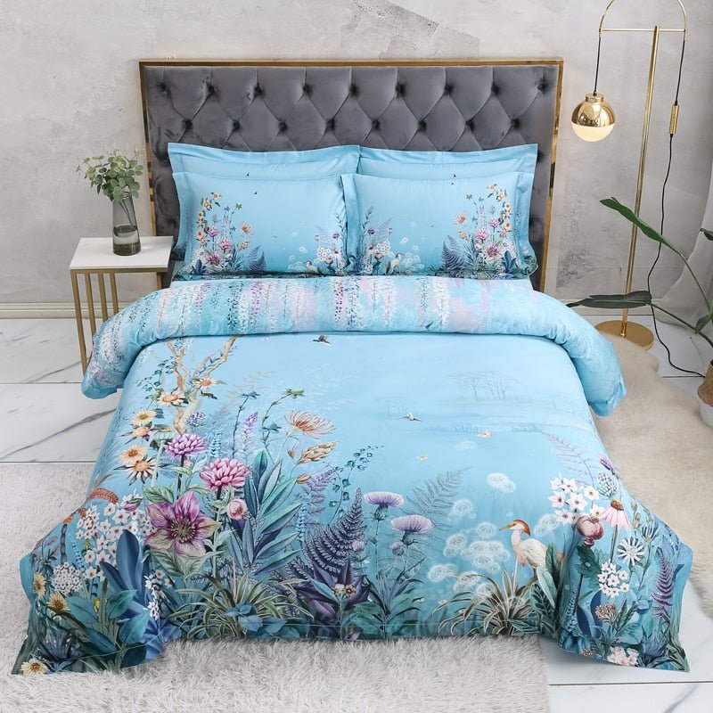 Sky Blue Garden Bedding Set on a bed - front view